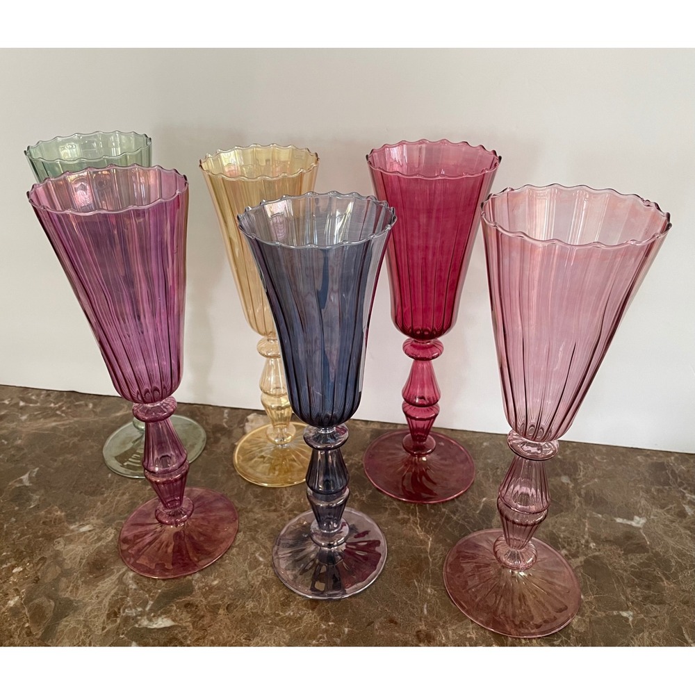 6 Handblown Venetian Murano Glass Iridescent Ribbed Champagne Flutes Multicolor - Picture 13 of 16